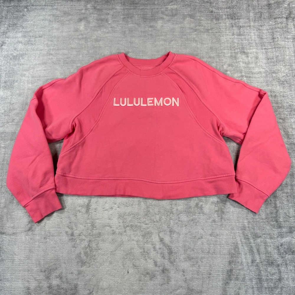 Lululemon Perfectly Oversized Cropped Crew Women 10 Pink Logo Sweatshirt Fleece